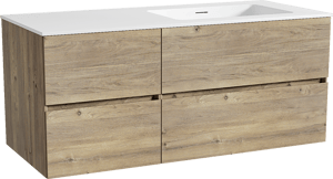Storke Edge zwevend badkamermeubel 120 x 52 cm ruwe eik met Mata asymmetrisch rechtse wastafel in solid surface mat wit