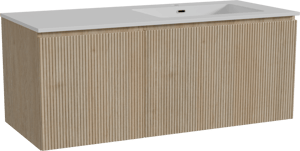 Storke Ribs zwevend badkamermeubel 120 x 52 cm ruwe eik met Diva asymmetrisch rechtse wastafel in composietmarmer glanzend wit, Verticale symmetrische rechte ribbel