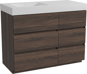 Storke Edge staand badkamermeubel 110 x 52 cm notelaar met Mata High asymmetrisch linkse wastafel in solid surface mat wit