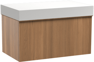 Balmani Forma hängendes Möbelstück Set: 90 x 55 cm, Teak, mit Dominus Einzel Waschtischplatte, Solid Surface, Weiß matt, Vertikale symmetrische gerade Rippe