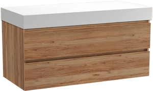 Balmani Lucida zwevend badkamermeubel 120 x 55 cm teak met Dominus enkel of dubbel tablet in solid surface mat wit