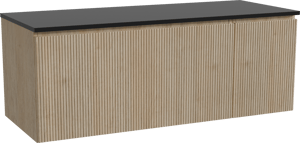 Storke Ribs zwevend badkamermeubel 130 x 52 cm ruwe eik met Panton enkel of dubbel tablet in gepoedercoate mdf mat zwart, Verticale symmetrische rechte ribbel