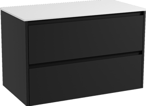 Storke Seda zwevend badkamermeubel 95 x 52 cm mat zwart met Tavola enkel tablet in solid surface mat wit