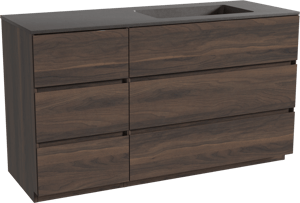 Storke Edge staand badkamermeubel 140 x 52 cm notelaar met Scuro asymmetrisch rechtse wastafel in kwarts mat zwart