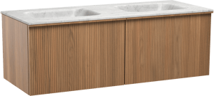 Balmani Forma zwevend badkamermeubel 135 x 55 cm teak met Tablo Arcato dubbele wastafel in marmer carrara, Verticale symmetrische rechte ribbel