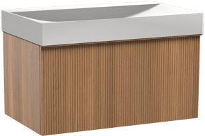 Balmani Forma zwevend badkamermeubel 90 x 55 cm teak met Wave enkele wastafel in solid surface mat wit, Verticale symmetrische rechte ribbel