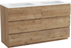Balmani Lucida freistehendes Möbelstück Set: 150 x 55 cm, Rohe Eiche, mit Tablo Strada Doppelwaschtisch, Marmorkomposit Weiß glänzend