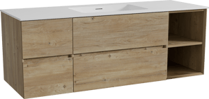 Storke Edge zwevend badkamermeubel 145 x 52 cm ruwe eik met Mata enkele wastafel in solid surface mat wit