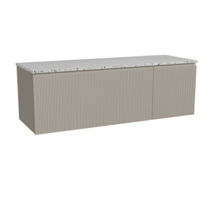Storke Ribs zwevend badkamermeubel 150 x 52 cm zijdegrijs met Tavola enkel of dubbel tablet in mat wit/zwart terrazzo, Verticale symmetrische rechte ribbel