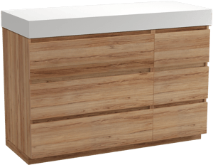 Balmani Lucida meuble salle de bains à poser 135 x 55 cm teck avec Dominus tablette simple ou double en solid surface blanc mat
