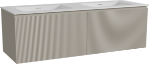 Storke Ribs zwevend badkamermeubel 150 x 52 cm zijdegrijs met Mata dubbele wastafel in solid surface mat wit, Verticale symmetrische rechte ribbel