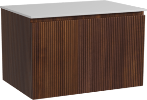 Storke Ribs meuble salle de bains suspendu 75 x 52 cm noyer avec Tavola tablette simple en solid surface blanc mat, Nervure droite symétrique verticale