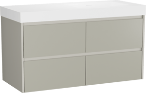 Storke Seda zwevend badkamermeubel 120 x 52 cm zijdegrijs met Mata High asymmetrisch rechtse wastafel in solid surface mat wit