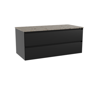 Balmani Mitra hängendes Möbelstück Set: 120 x 55 cm, Schwarz matt, mit Stretto Einzel- oder Doppel Waschtischplatte, Terrazzo in Greige
