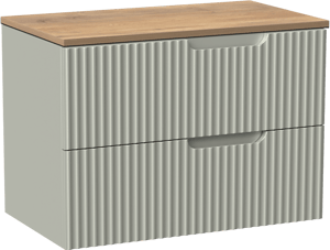 Linie Ribbo zwevend badkamermeubel 80 x 46 cm greige met Lado enkel tablet in melamine natuur eik, Verticale symmetrische ronde ribbel