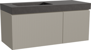 Storke Ribs zwevend badkamermeubel 120 x 52 cm zijdegrijs met Scuro High asymmetrisch linkse wastafel in kwarts mat zwart, Verticale symmetrische rechte ribbel