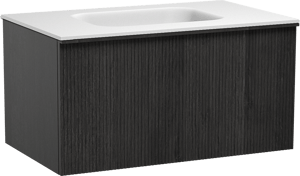 Balmani Forma zwevend badmeubel 90 x 55 cm zwart eiken met Tablo Arcato enkele wastafel in solid surface mat wit, Verticale symmetrische rechte ribbel