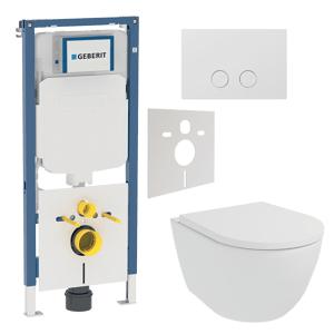 Luca Varess Moreno wc suspendu blanc mat sans bride SilentFlush avec Geberit Systemfix UP720 bâti-support et plaque de commande