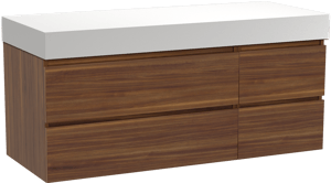 Balmani Lucida meuble salle de bains suspendu 135 x 55 cm noyer américain avec Dominus tablette simple ou double en solid surface blanc mat
