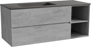 Storke Edge zwevend badkamermeubel 130 x 52 cm beton donkergrijs met Scuro asymmetrisch linkse wastafel in kwarts mat zwart