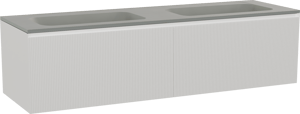Balmani Fila by Mitra meuble salle de bains suspendu 180 x 55 cm blanc mat avec Tablo Strada double vasque en marbre composite soie grise, Nervure droite symétrique verticale
