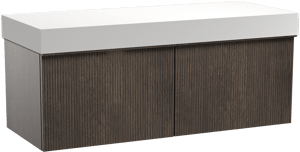 Balmani Forma zwevend badkamermeubel 135 x 55 cm gerookte eik met Dominus enkel of dubbel tablet in solid surface mat wit, Verticale symmetrische rechte ribbel
