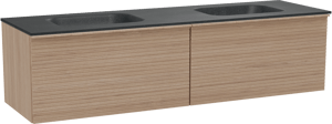 Balmani Forma zwevend badmeubel 180 x 55 cm naturel eiken met Tablo Arcato dubbele wastafel in zwart graniet, Horizontale symmetrische rechte ribbel