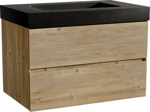 Storke Edge zwevend badkamermeubel 85 x 52 cm ruwe eik met Scuro High enkele wastafel in kwarts mat zwart