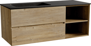 Storke Edge zwevend badkamermeubel 130 x 52 cm ruwe eik met Scuro asymmetrisch linkse wastafel in kwarts mat zwart