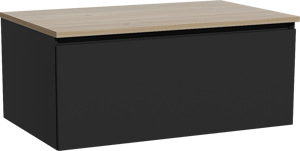 Storke Edge zwevend badmeubel 85 x 52 cm mat zwart met Panton enkel wastafelblad in melamine ruw eiken