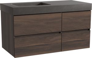 Storke Edge zwevend badkamermeubel 110 x 52 cm notelaar met Scuro High asymmetrisch linkse wastafel in kwarts mat zwart