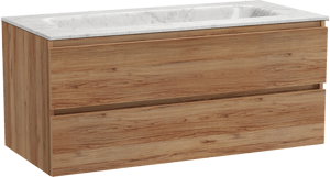 Balmani Lucida hängendes Möbelstück Set: 120 x 55 cm, Teak, mit Tablo Arcato Einzelwaschtisch, Marmor Carrara