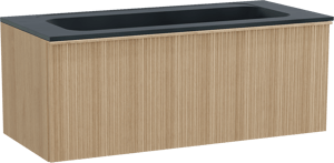 Balmani Forma meuble salle de bains suspendu 120 x 55 cm chêne naturel avec Tablo Strada lavabo simple pour 2 trous de robinet en marbre composite noir mat, Nervure circulaire asymétrique verticale