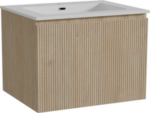 Storke Ribs zwevend badkamermeubel 65 x 52 cm ruwe eik met Diva enkele wastafel in composietmarmer glanzend wit, Verticale symmetrische rechte ribbel