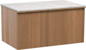 Balmani Forma hängendes Möbelstück Set: 90 x 55 cm, Teak, mit Stretto Einzel Waschtischplatte, Marmor, Carrara, Vertikale symmetrische gerade Rippe