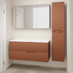 Linie Ribbo zwevend badkamermeubel 120 x 46 cm cotto met Vano dubbele wastafel in composietmarmer mat wit, Verticale symmetrische ronde ribbel, Montro spiegelkast en Ribbo badkamerkast