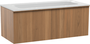 Balmani Forma hängendes Möbelstück Set: 120 x 55 cm, Teak, mit Tablo Strada Einzelwaschtisch, Marmorkomposit, Weiß glänzend, Vertikale symmetrische gerade Rippe