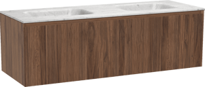 Balmani Fila by Mitra zwevend badmeubel 150 x 55 cm notenhout met Tablo Arcato dubbele wastafel in marmer carrara, Verticale symmetrische rechte ribbel