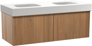 Balmani Forma zwevend badkamermeubel 135 x 55 cm teak met Arcato dubbele wastafel in solid surface mat wit, Verticale symmetrische rechte ribbel
