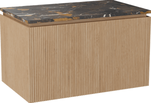 Balmani Eclips meuble salle de bains suspendu 90 x 55 cm Chêne naturelle avec Stretto tablette simple en Portoro Gold marbre, Nervure droite symétrique verticale