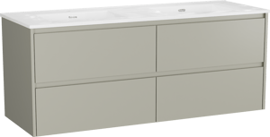 Storke Seda zwevend badkamermeubel 150 x 52 cm zijdegrijs met Kera dubbele wastafel in porselein glanzend wit, inclusief crepines