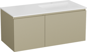 Storke Ribs zwevend badmeubel 110 x 52 cm zijdegrijs met Bilia asymmetrisch rechtse wastafel in composietmarmer hoogglans wit, Verticale symmetrische rechte ribbel