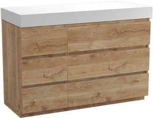 Balmani Lucida meuble salle de bains à poser 135 x 55 cm chêne brut avec Dominus tablette simple ou double en solid surface blanc mat