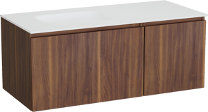 Balmani Sfera by Lucida zwevend badmeubel 120 x 55 cm amerikaans notenhout met Tablo Arcato asymmetrisch linkse wastafel in solid surface mat wit