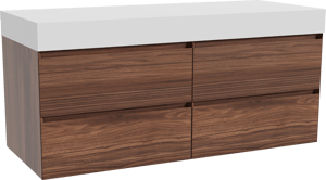 Balmani Mitra zwevend badkamermeubel 135 x 55 cm notelaar met Dominus enkel of dubbel tablet in solid surface mat wit