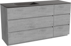 Storke Edge staand badkamermeubel 150 x 52 cm beton donkergrijs met Scuro asymmetrisch linkse wastafel in kwarts mat zwart