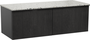 Balmani Forma zwevend badkamermeubel 135 x 55 cm zwarte eik met Stretto enkel of dubbel tablet in mat wit/zwart terrazzo, Verticale symmetrische rechte ribbel