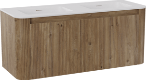 Storke Soft zwevend badkamermeubel 120 x 46 cm ruwe eik met Mata Soft dubbele wastafel in solid surface mat wit, Verticale symmetrische rechte ribbel