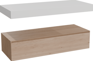 Balmani Mitra Elements hängendes Möbelstück Set: 135 x 55 cm, Naturbelassene Eiche mit Dominus Einzel- oder Doppel Waschtischplatte, Solid Surface Weiß matt