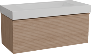 Balmani Forma meuble salle de bains suspendu 120 x 55 cm chêne naturel avec Modus lavabo simple pour 2 trous de robinet en solid surface blanc mat, Nervure droite symétrique horizontale